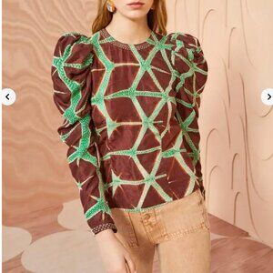 ULLA JOHNSON 100% Silk Brown and Green Leyla Blouse Size 00